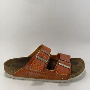 Birkenstock Arizona Sandal Women 39 US 8-8.5 Shiny Orange Snake BirkoFlor Narrow